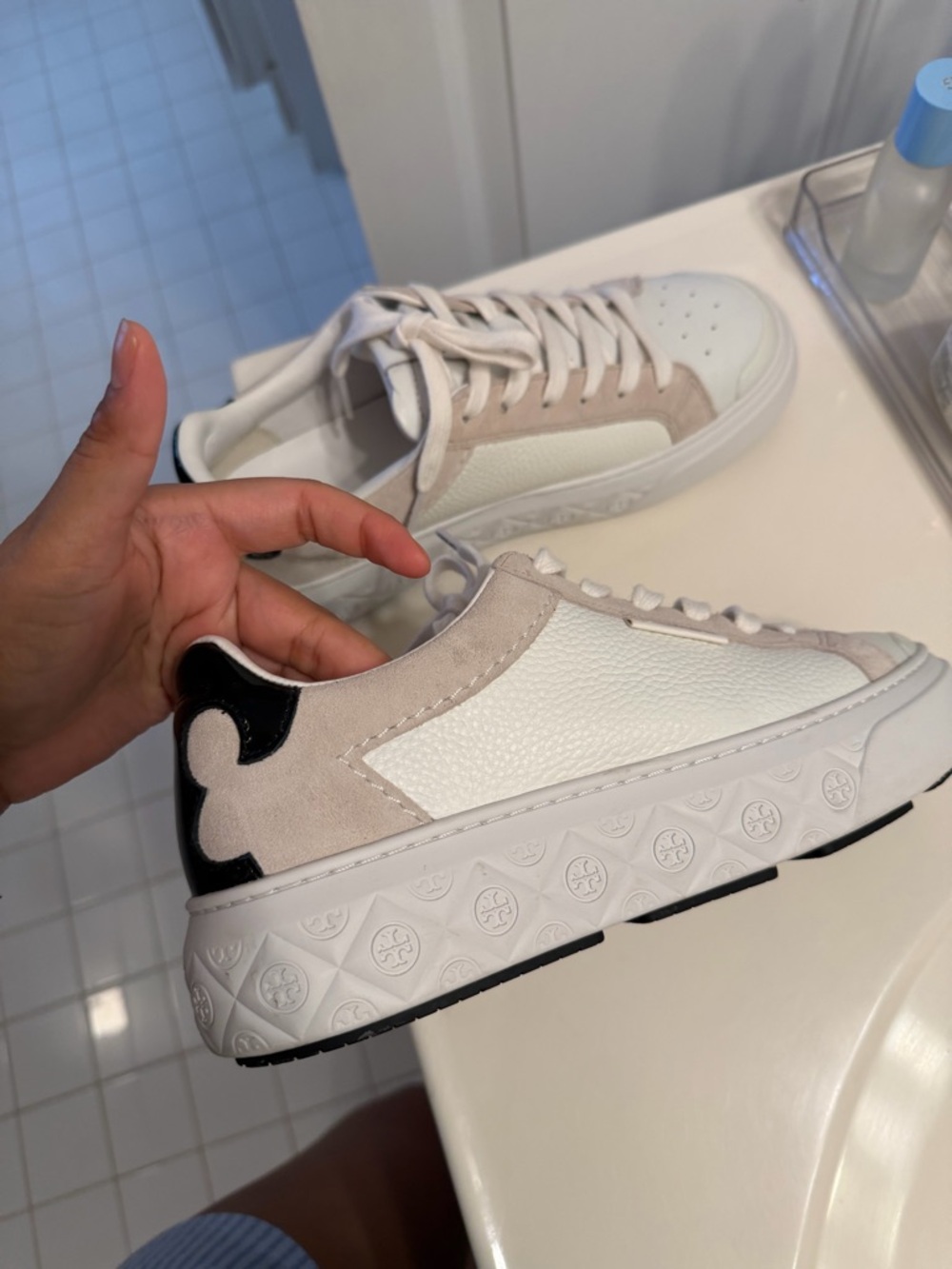 Tory Burch White and Beige Low-Top Leather Sneaker with Black Heel Accent